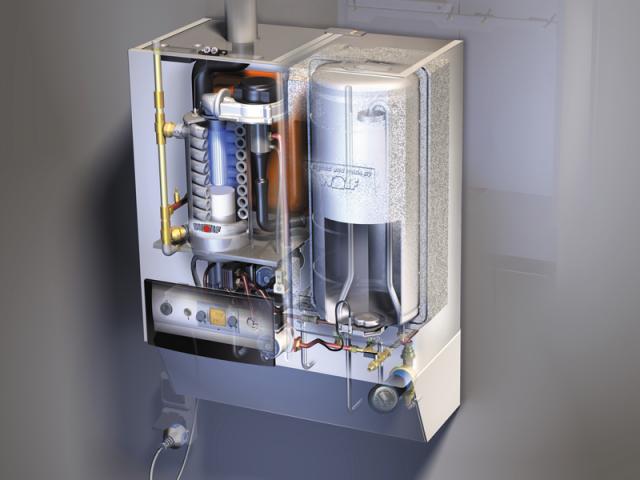В основному теплообміннику відбувається нагрів теплоносія за рахунок спалювання газу, потім частина теплоносія йде у вбудований бойлер і нагріває воду для системи ГВП, інша частина відправляється в систему опалення
