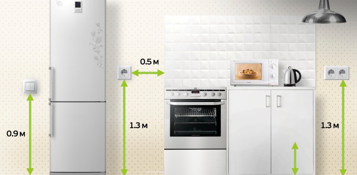 Телевізор на кухні найчастіше монтують на стінові кронштейни, відповідно, висота розетки для цього побутового приладу може бути від 1800 до 2000 мм від підлоги